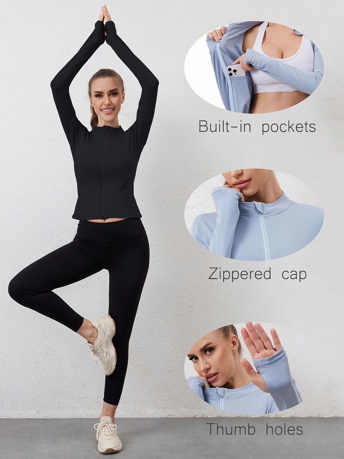 Women Built-In Pockets Athletic Jackets Slim Fit Full Zip up Workout Yoga Gym Jacket with Thumb Holes