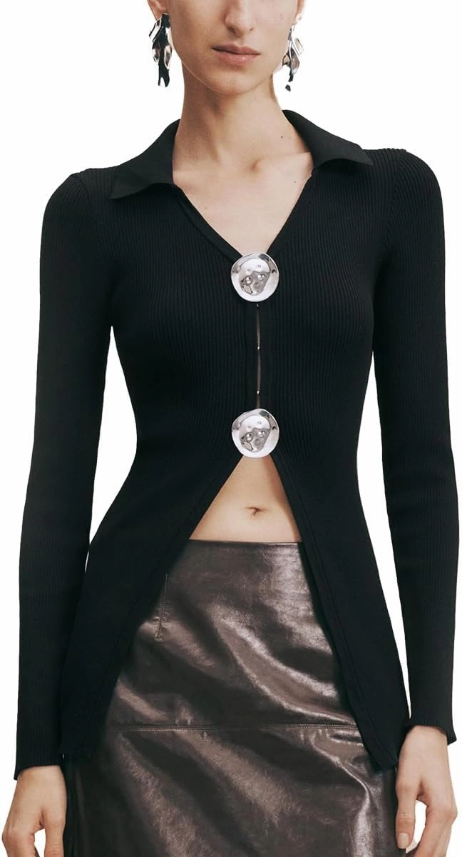 Women Cardigan Sweaters Long Sleeve Knitted V-Neck Fluid Metal Button Down Lightweight Outwear 2025