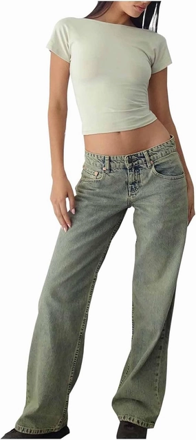 Women Classic Contrast Wash Bootcut Denim Pants, Low Rise Baggy Wide Leg Casual Jeans Fashion Comfy Denim Trousers