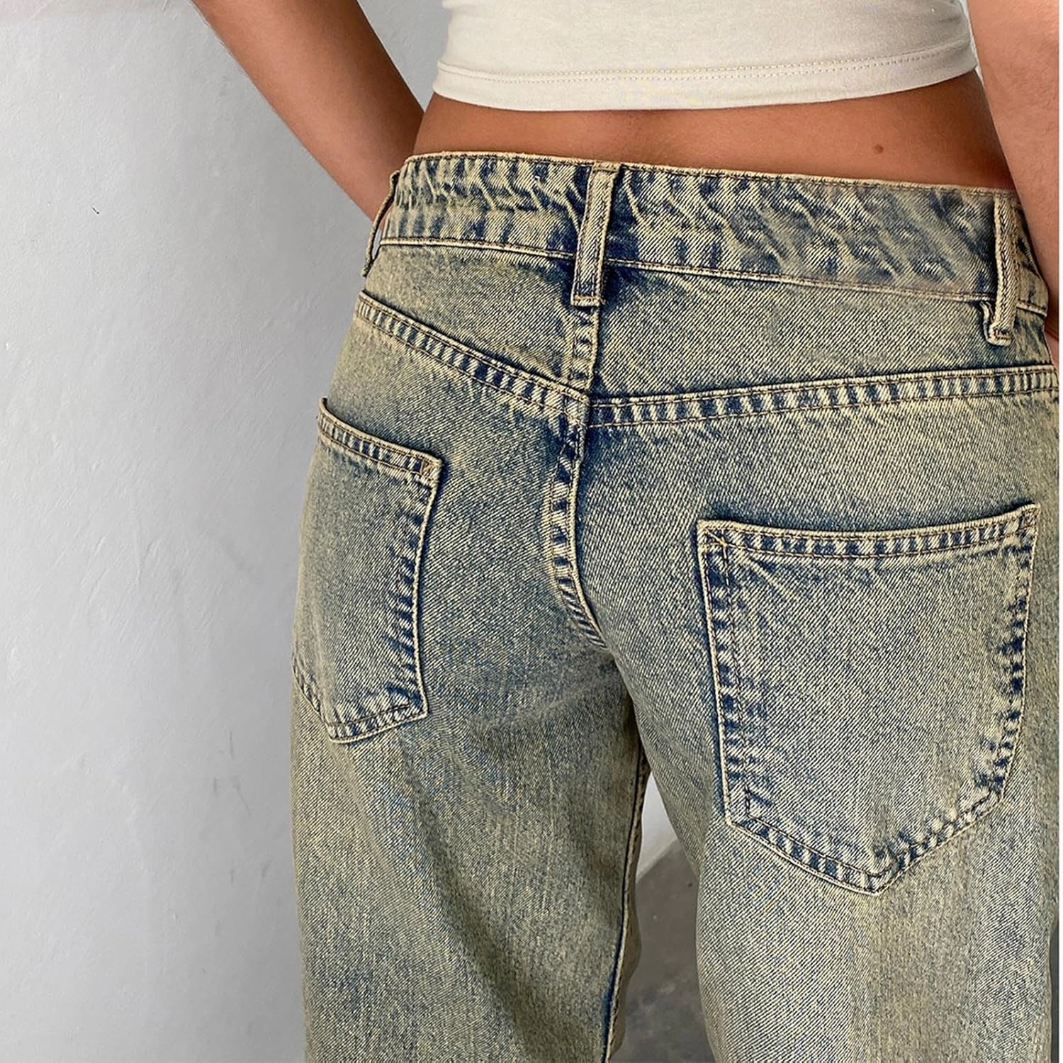 Women Classic Contrast Wash Bootcut Denim Pants, Low Rise Baggy Wide Leg Casual Jeans Fashion Comfy Denim Trousers