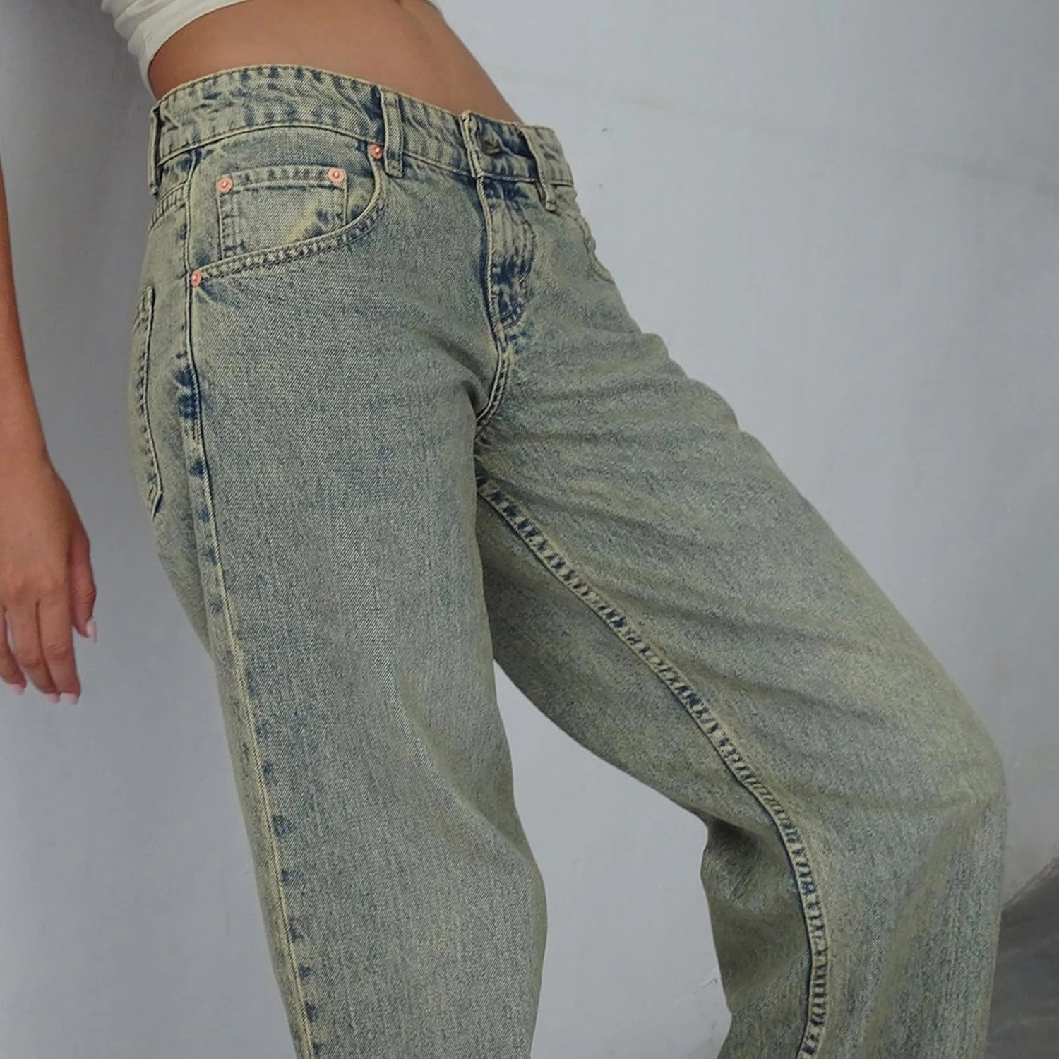 Women Classic Contrast Wash Bootcut Denim Pants, Low Rise Baggy Wide Leg Casual Jeans Fashion Comfy Denim Trousers