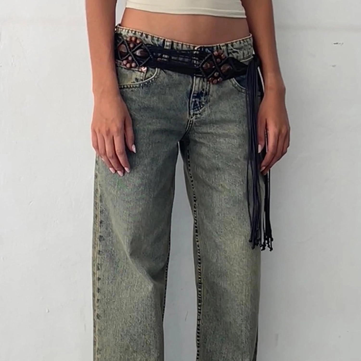 Women Classic Contrast Wash Bootcut Denim Pants, Low Rise Baggy Wide Leg Casual Jeans Fashion Comfy Denim Trousers