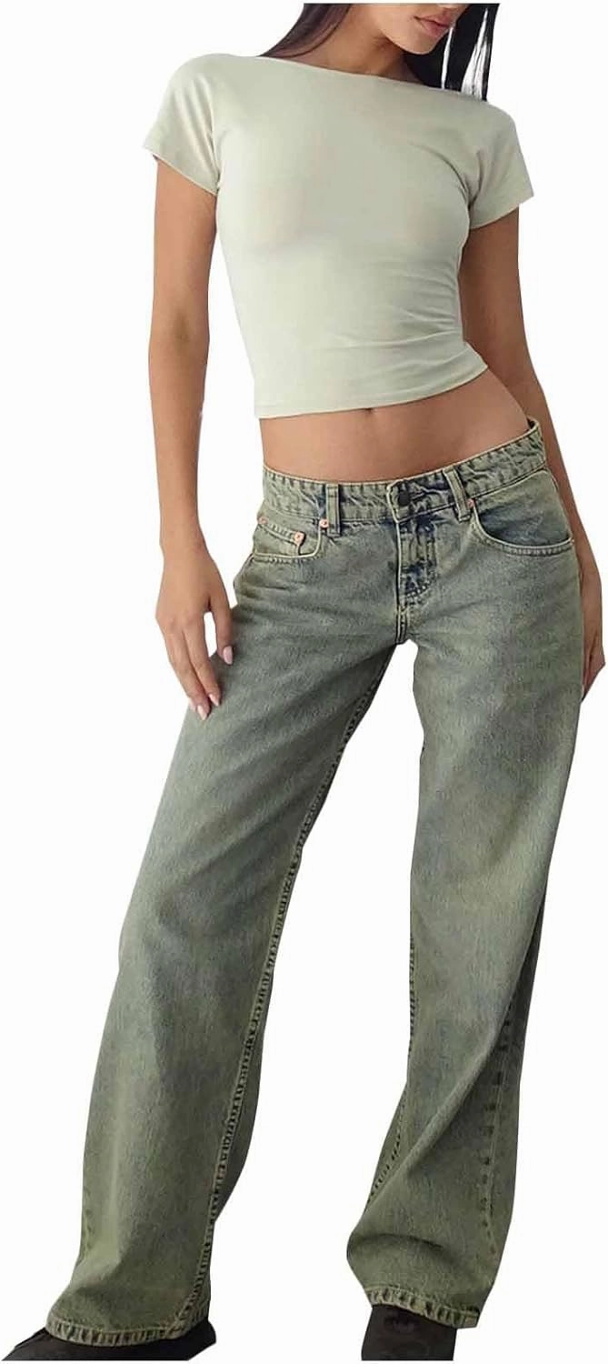 Women Classic Contrast Wash Bootcut Denim Pants, Low Rise Baggy Wide Leg Casual Jeans Fashion Comfy Denim Trousers