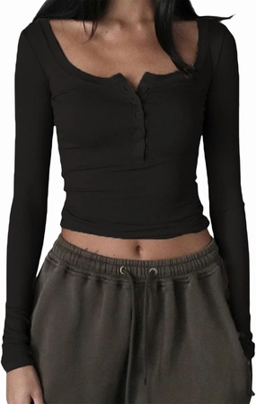Women Long Sleeve Crop Tops Tee Shirts Solid Color Vintage V Neck T-Shirt Streetwear