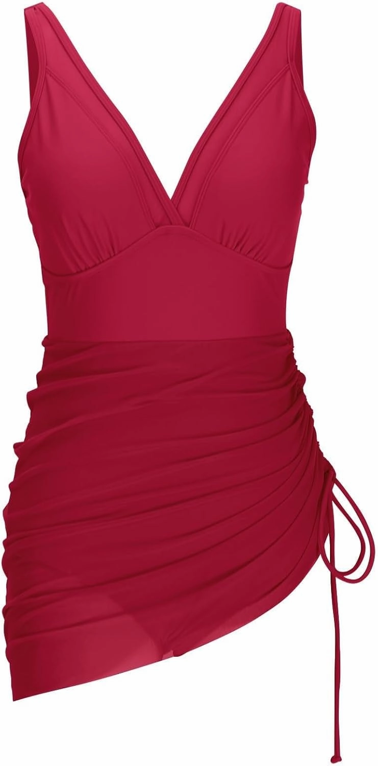 Women One Piece Swim Dress Tummy Control Sleelveless Swimsuits Slimming Mesh Sheer Sarong Wrap Bathing Suit for Women