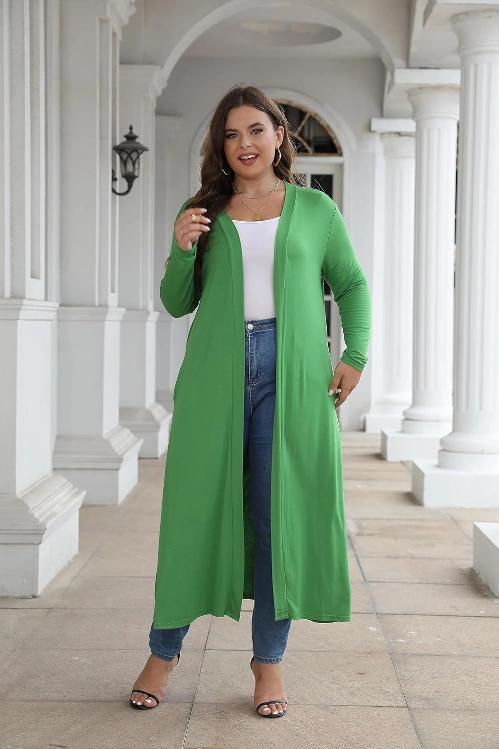 Women Plus Size Floor Length Open Front Drape Cardigan Lightweight Long Sleeve Maxi Duster with Pockets 1X-5X