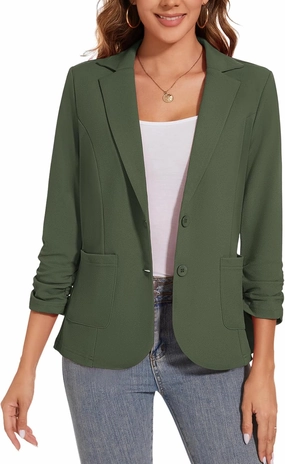 Women's Casual Button Front Blazer Jackets Ruched 3/4 Sleeve Lapel Office Work Lightweight Blazers with Pockets