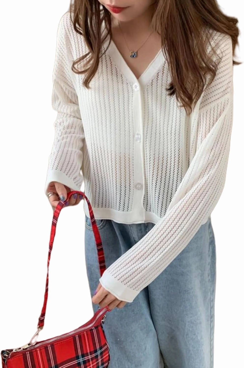 Women's Lightweight Knit Sun Protection Cardigan with Lace V-Neck,Beach Bikini Cover-up,Bathing Suit Cover Up