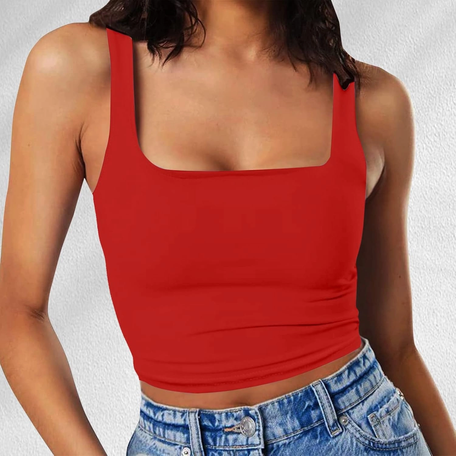 Women Sleeveless Vest Square Neck Double Layer Fitness Casual Short Top Vest N