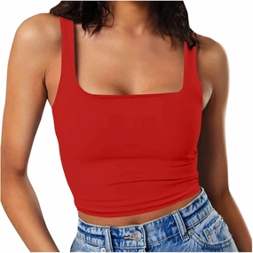 Women Sleeveless Vest Square Neck Double Layer Fitness Casual Short Top Vest N