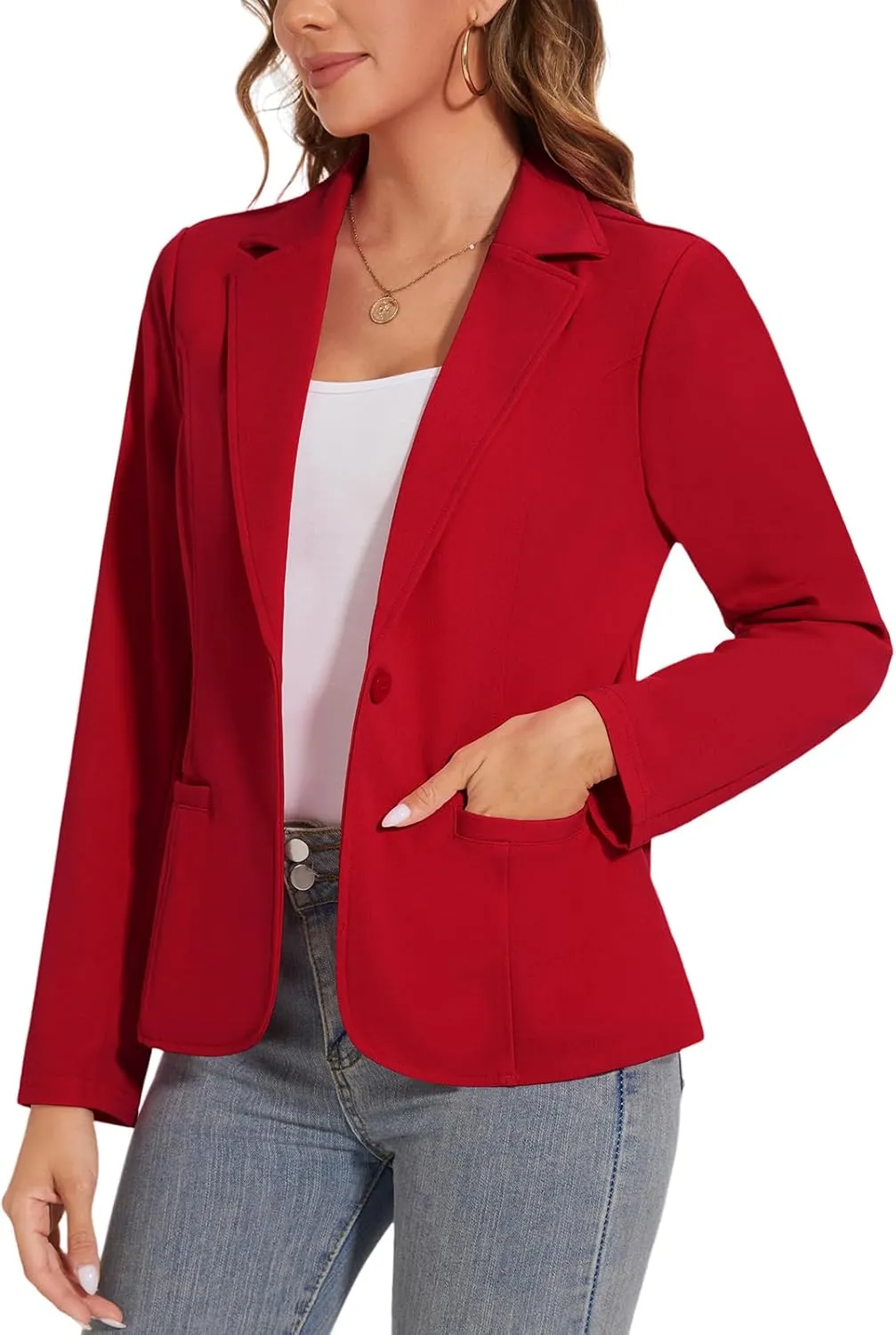 Women's Button Front Blazer Jackets Long Sleeve Lapel Business Casual Office Work Lightweight Blazers with Pocket
