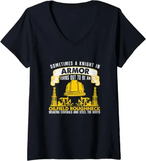 Womens Knight In Shining Armor Roughneck Funny Oilfield Worker V-Neck T-Shirt
