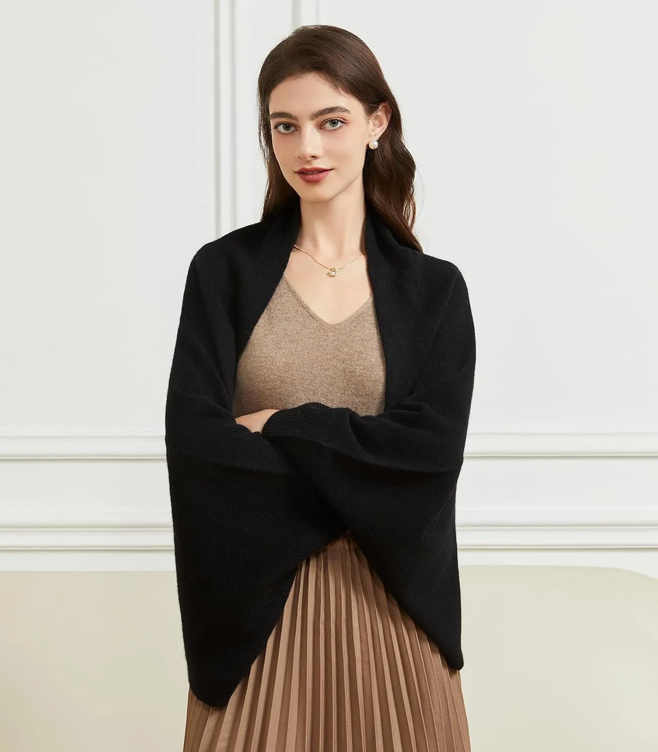 Women's Lightweight Wool Shawl Wrap Scarf with Sleeves Outer Warm Knitted Open Front Poncho Cape Fall Winter