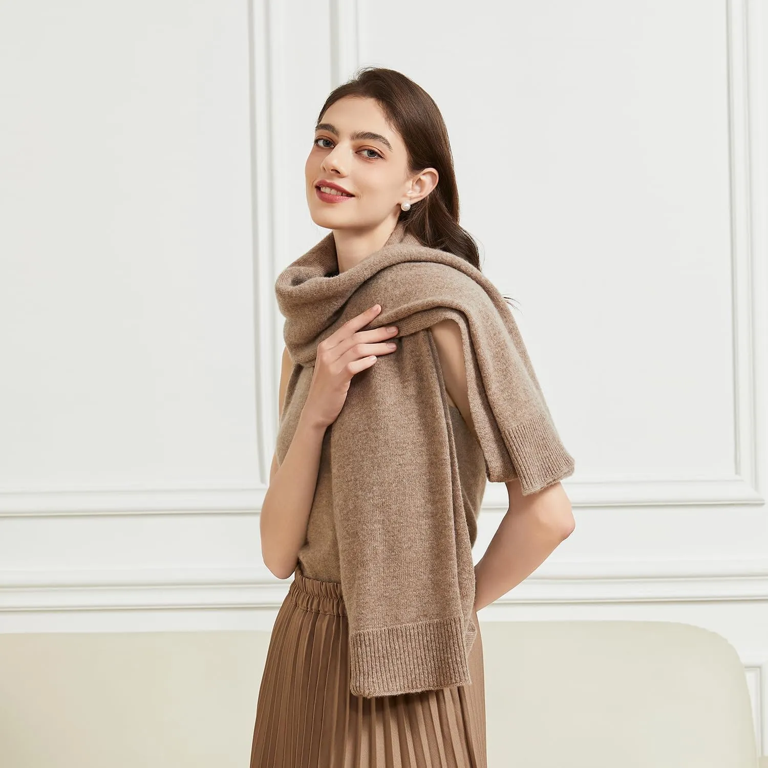 Women's Lightweight Wool Shawl Wrap Scarf with Sleeves Outer Warm Knitted Open Front Poncho Cape Fall Winter