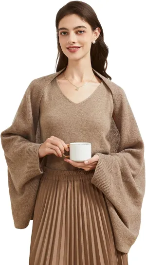 Women's Lightweight Wool Shawl Wrap Scarf with Sleeves Outer Warm Knitted Open Front Poncho Cape Fall Winter