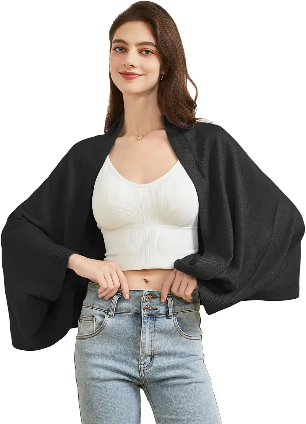 Women's Lightweight Wool Shawl Wrap Scarf with Sleeves Outer Warm Knitted Open Front Poncho Cape Fall Winter