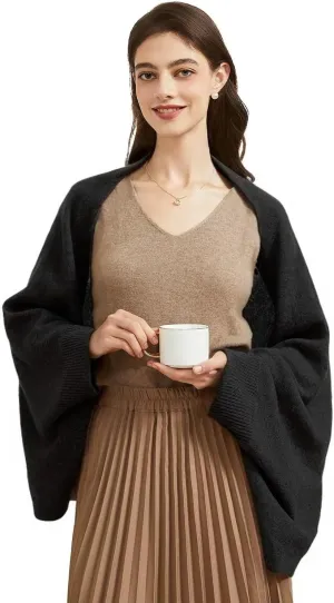 Women's Lightweight Wool Shawl Wrap Scarf with Sleeves Outer Warm Knitted Open Front Poncho Cape Fall Winter