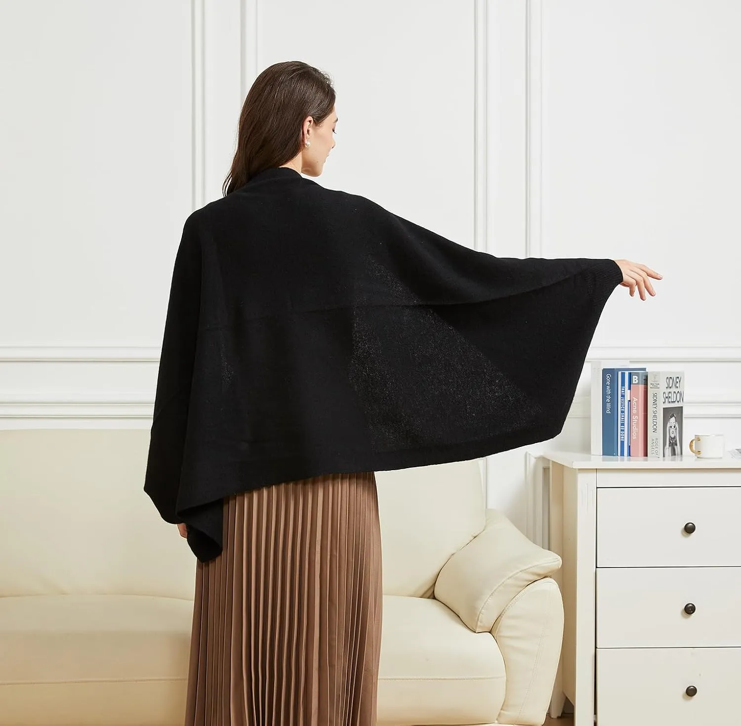 Women's Lightweight Wool Shawl Wrap Scarf with Sleeves Outer Warm Knitted Open Front Poncho Cape Fall Winter