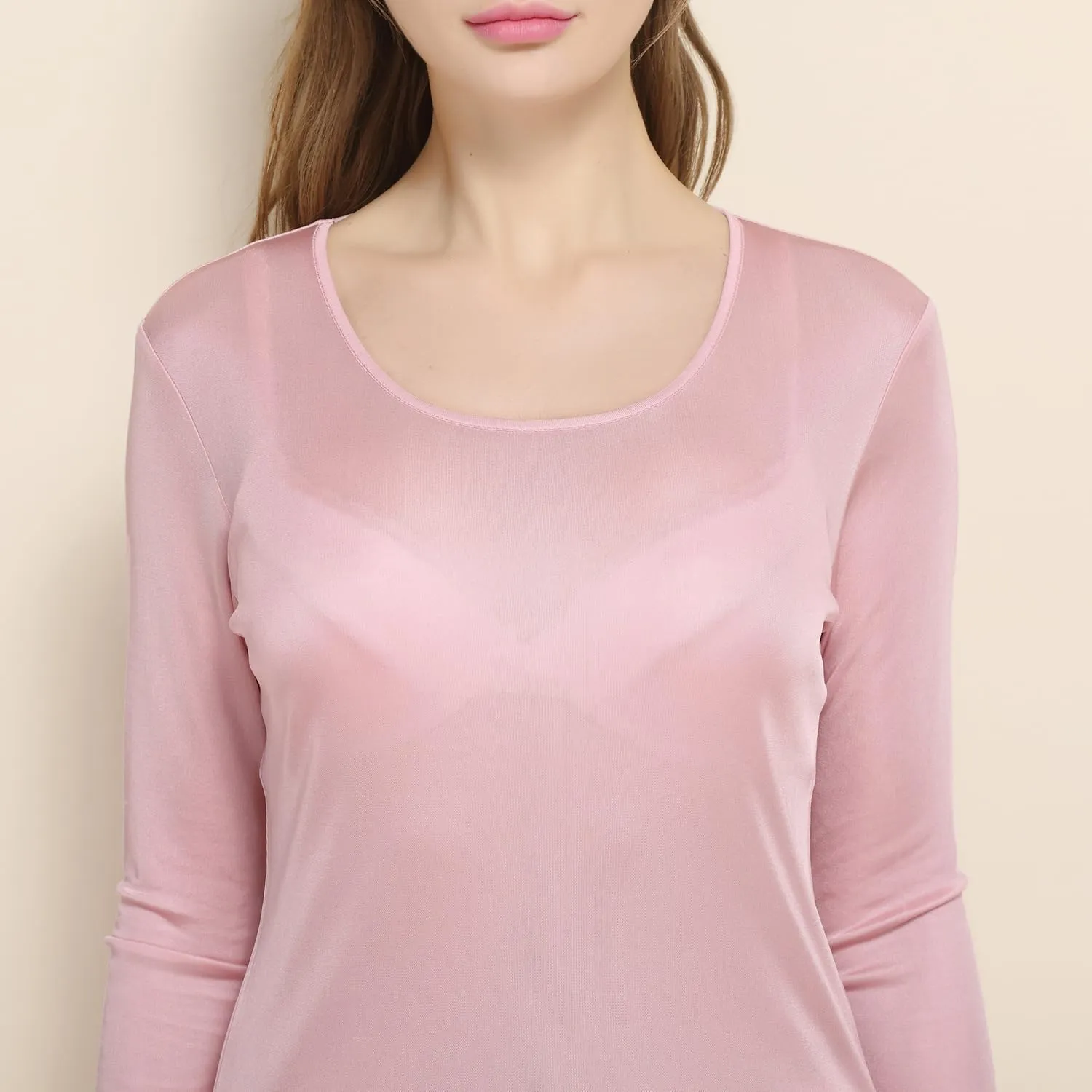 Women's Silk Thermal Underwear Top Mulberry Silk Scoop Neck Baselayer Shirt Long Sleeve Undershirt Slim Lightweight Blouse