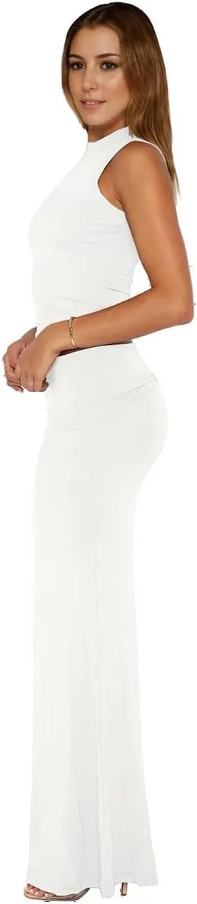 Women's Tummy Control Summer Two Piece Dress Set, Fold Over Long Skirt with Crop Tank Top