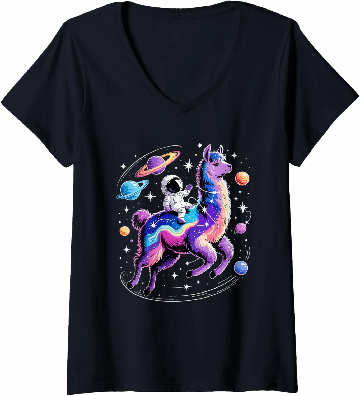 Womens Astronaut Riding Llama Space Stars Galaxy Planets Llamas V-Neck T-Shirt