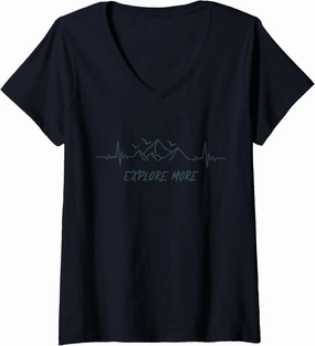 Womens Explore More Heartbeat Mountain Range Hiker Adventure Walk V-Neck T-Shirt