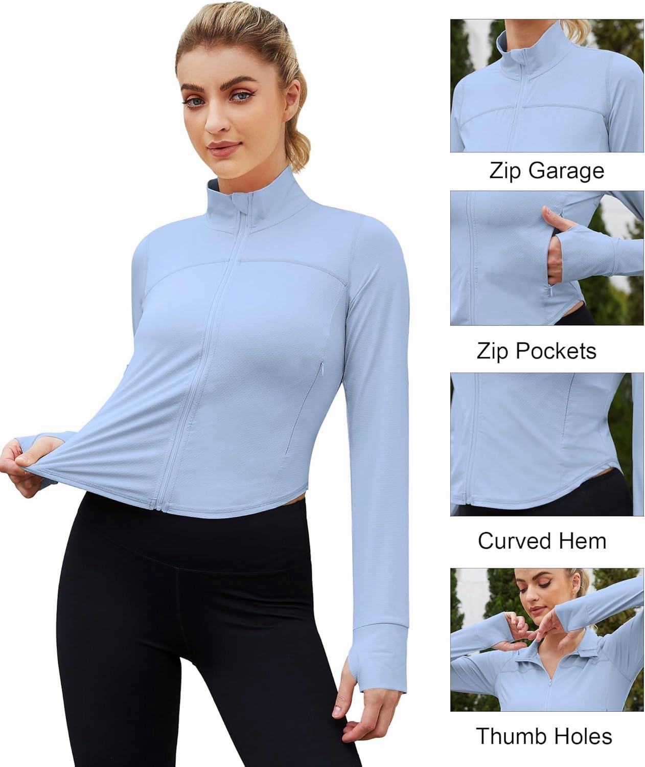 Womens Full Zip Athletic Jacket Running Track Jacket With Zipper Pockets Slim Fit Sports Top with Thumb Holes UPF50  UV