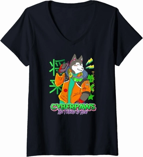 Womens Funny cyberdog Retro futuristic kawaii paws V-Neck T-Shirt