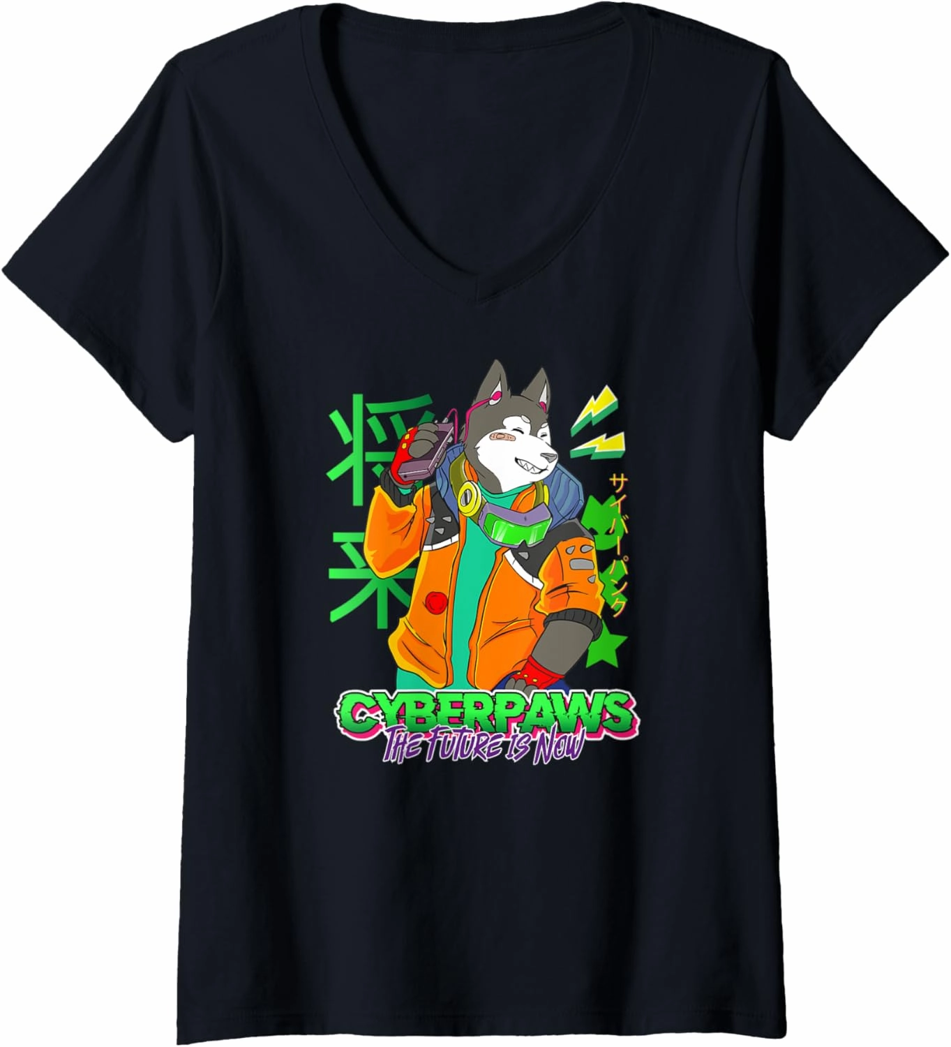 Womens Funny cyberdog Retro futuristic kawaii paws V-Neck T-Shirt