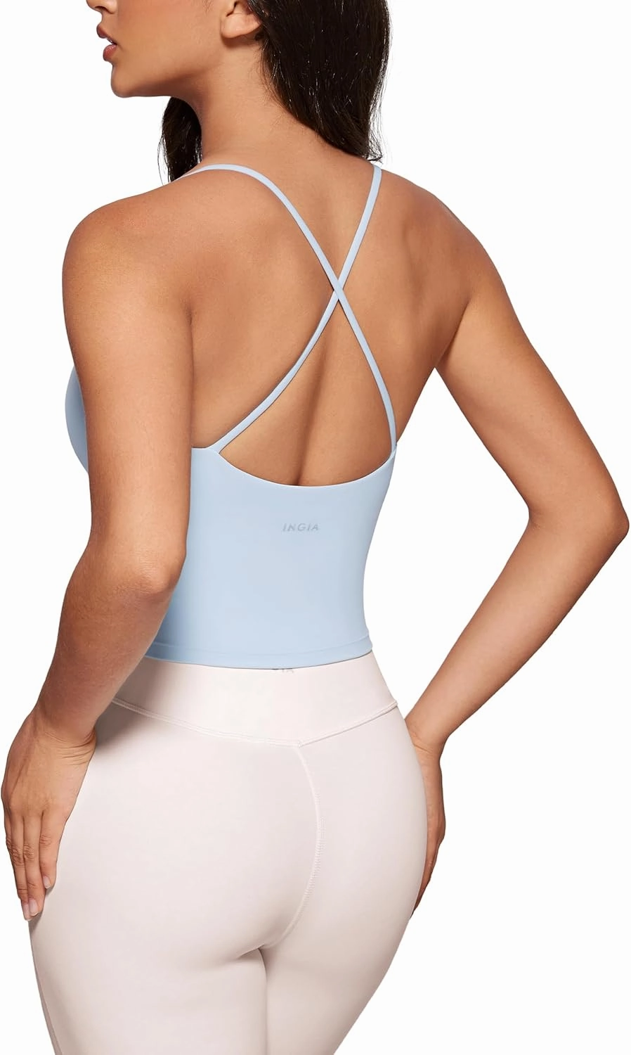 Womens Low Scoop Neck Tank Tops Built in Bra U Back Workout Tanks Spaghetti Criss Cross Strap Sleeveless Cropped Top