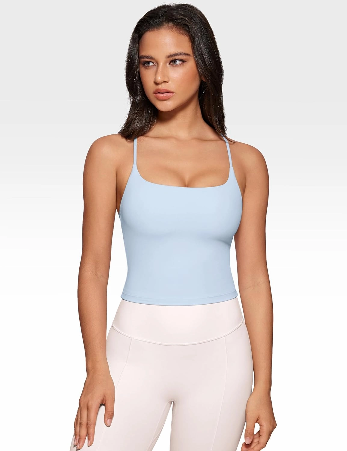 Womens Low Scoop Neck Tank Tops Built in Bra U Back Workout Tanks Spaghetti Criss Cross Strap Sleeveless Cropped Top