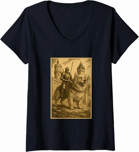 Womens Medieval Knight Riding Golden Retriever Dog Surreal Rider V-Neck T-Shirt