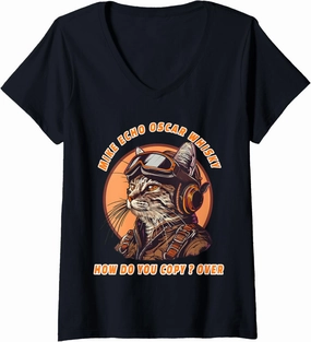 Womens Retro Aviator Cat Pilot Mike Echo Oscar Whisky How do you V-Neck T-Shirt