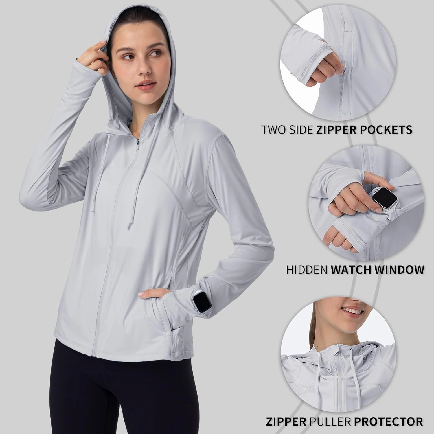 Womens Sun Protection Hoodie SPF Jacket Lightweight Full Zip Up Summer UV UPF 50  with Pockets Thumb Hole