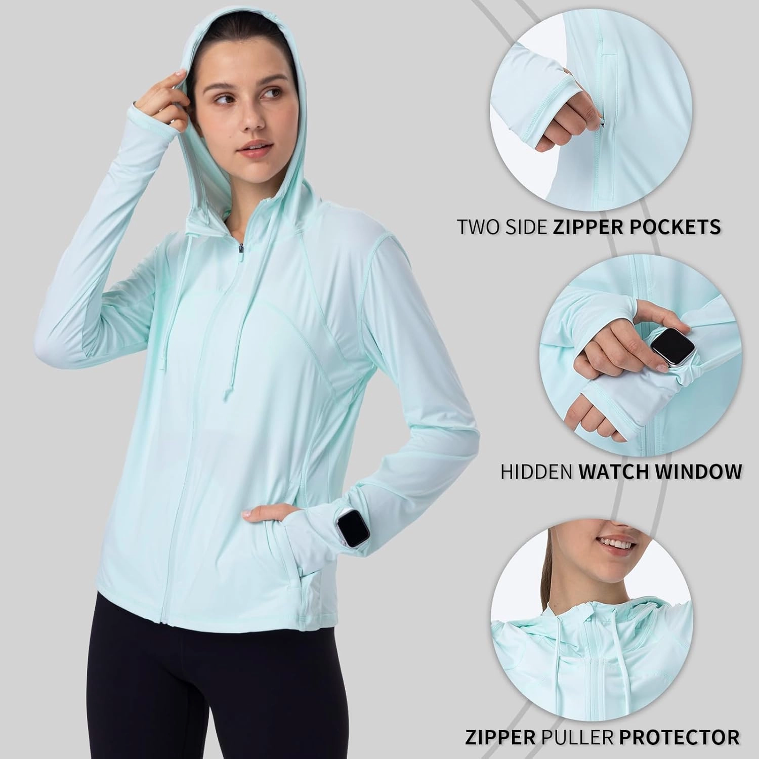 Womens Sun Protection Hoodie SPF Jacket Lightweight Full Zip Up Summer UV UPF 50  with Pockets Thumb Hole