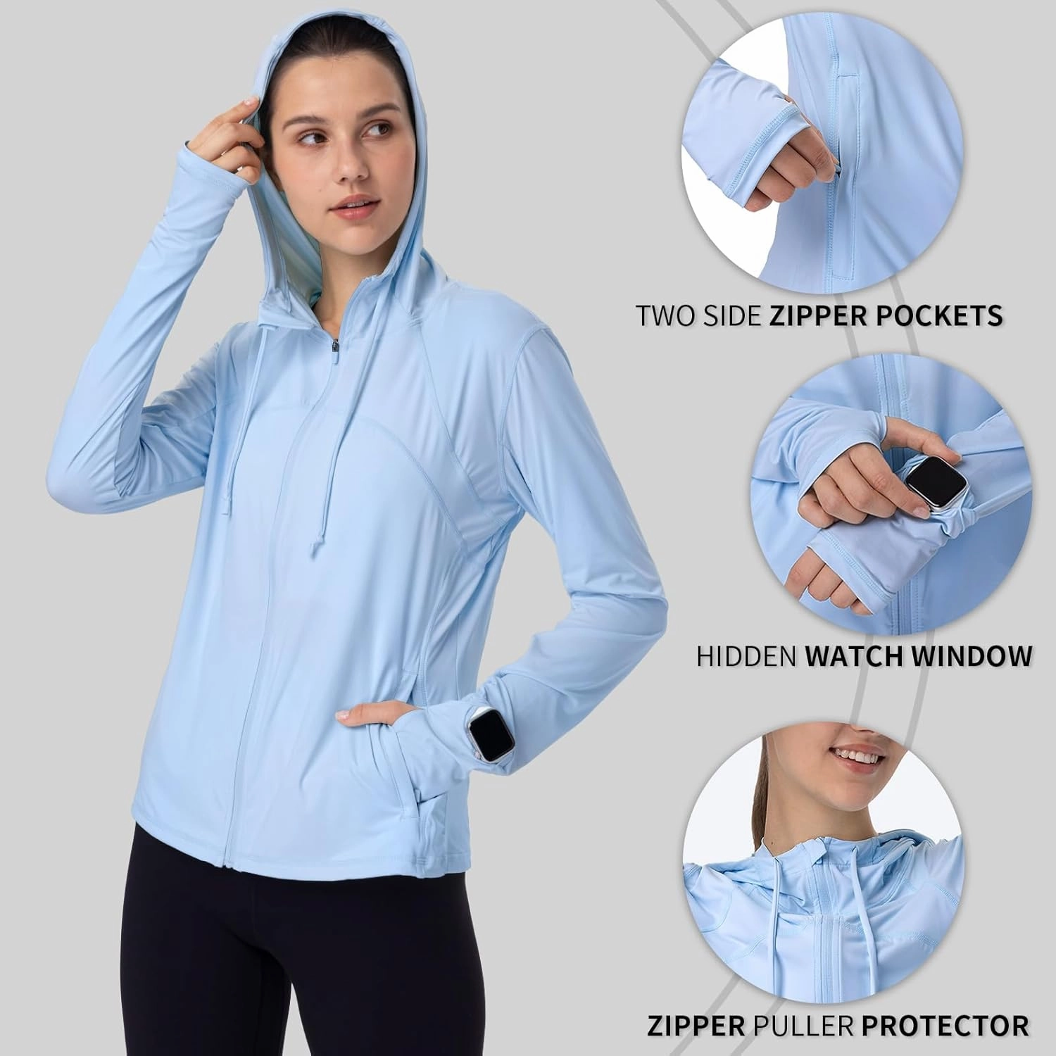 Womens Sun Protection Hoodie SPF Jacket Lightweight Full Zip Up Summer UV UPF 50  with Pockets Thumb Hole