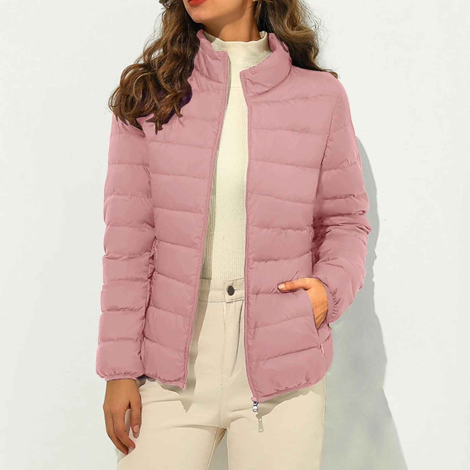 Womens Winter Basic Quilted Jackets Long Sleeve Full Zip Lightweight Puffer Coats with Pockets 2023Winter Warm Tops