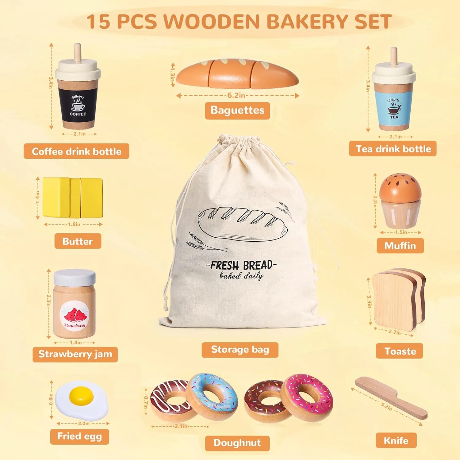 Wooden Bakery Playset Food Toys, Kids Pretend Play Food Baking Set Kitchen Accessories with Storage Bag, Pretend Play Bread Cutting Food for Boys Girls 3 