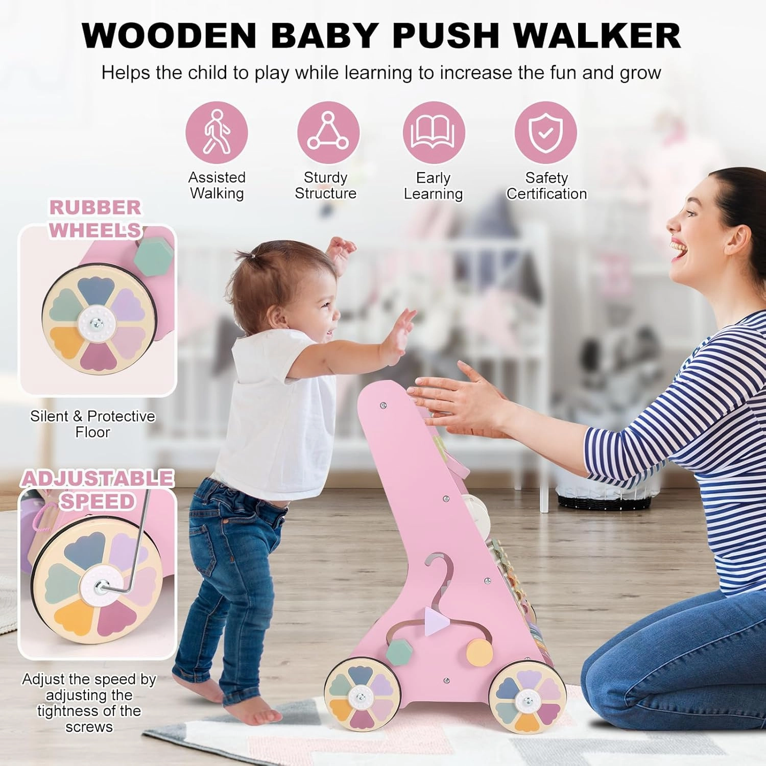 Wooden Baby Walker Wheels,Baby Push Walker for Babies 12 Months  Montessori,Toddler Walker Push Toy Wooden Activity Walker for Boy,Walking Toys12 Months  Learning to Walk