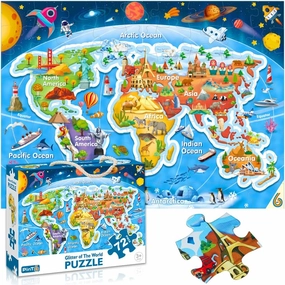 World map Jigsaw Puzzle for Kids Ages 3-5 4-8 Year Old and Up，Jumbo 72 Piece Scenery Around The World Puzzle Fancy Toddler Learn Food Educational Toys Gift Box