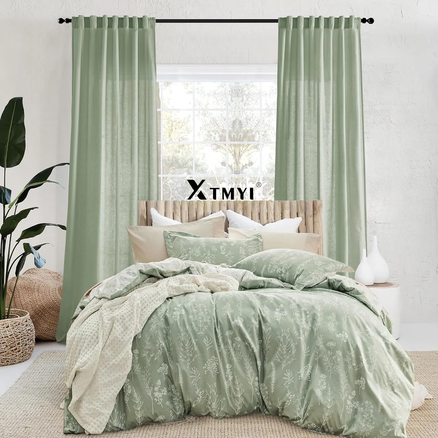 XTMYI Sage Green 90 Inches Long,50 Inches Wide Country Curtains for Living Room,Sheer Linen Curtains for Bedroom