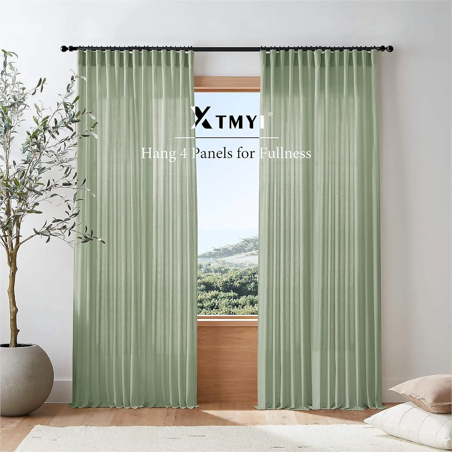 XTMYI Sage Green 90 Inches Long,50 Inches Wide Country Curtains for Living Room,Sheer Linen Curtains for Bedroom