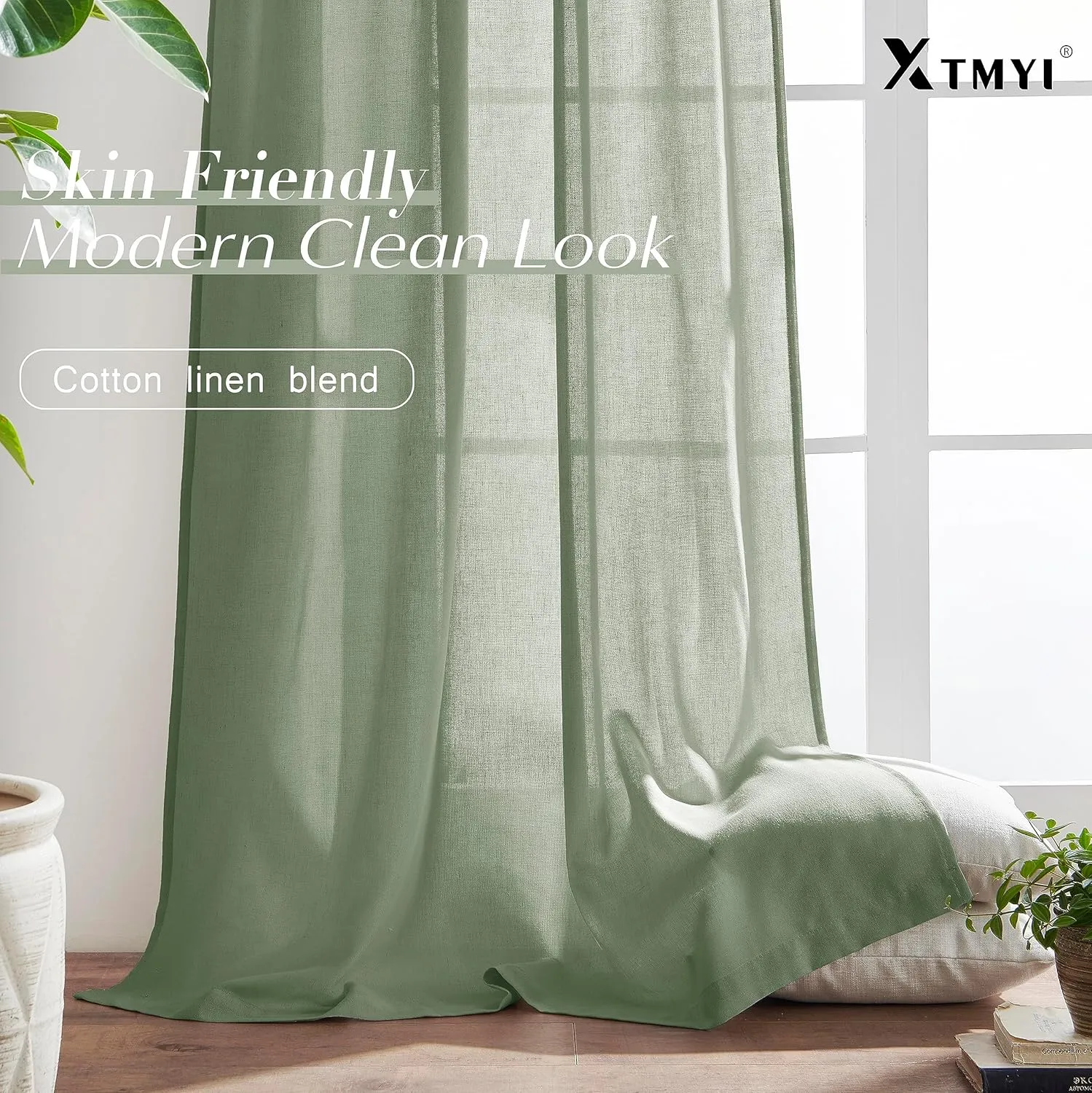 XTMYI Sage Green 90 Inches Long,50 Inches Wide Country Curtains for Living Room,Sheer Linen Curtains for Bedroom
