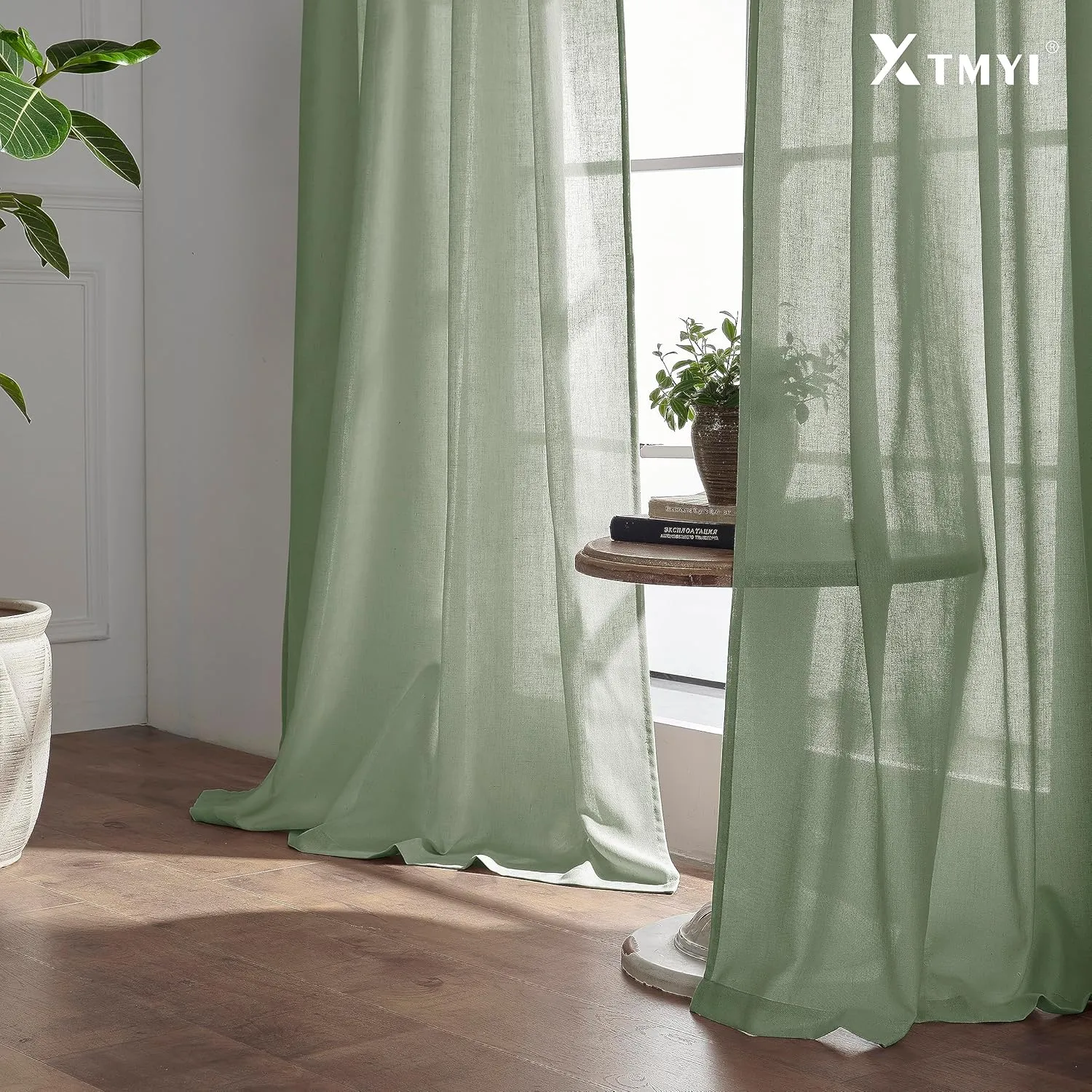 XTMYI Sage Green 90 Inches Long,50 Inches Wide Country Curtains for Living Room,Sheer Linen Curtains for Bedroom