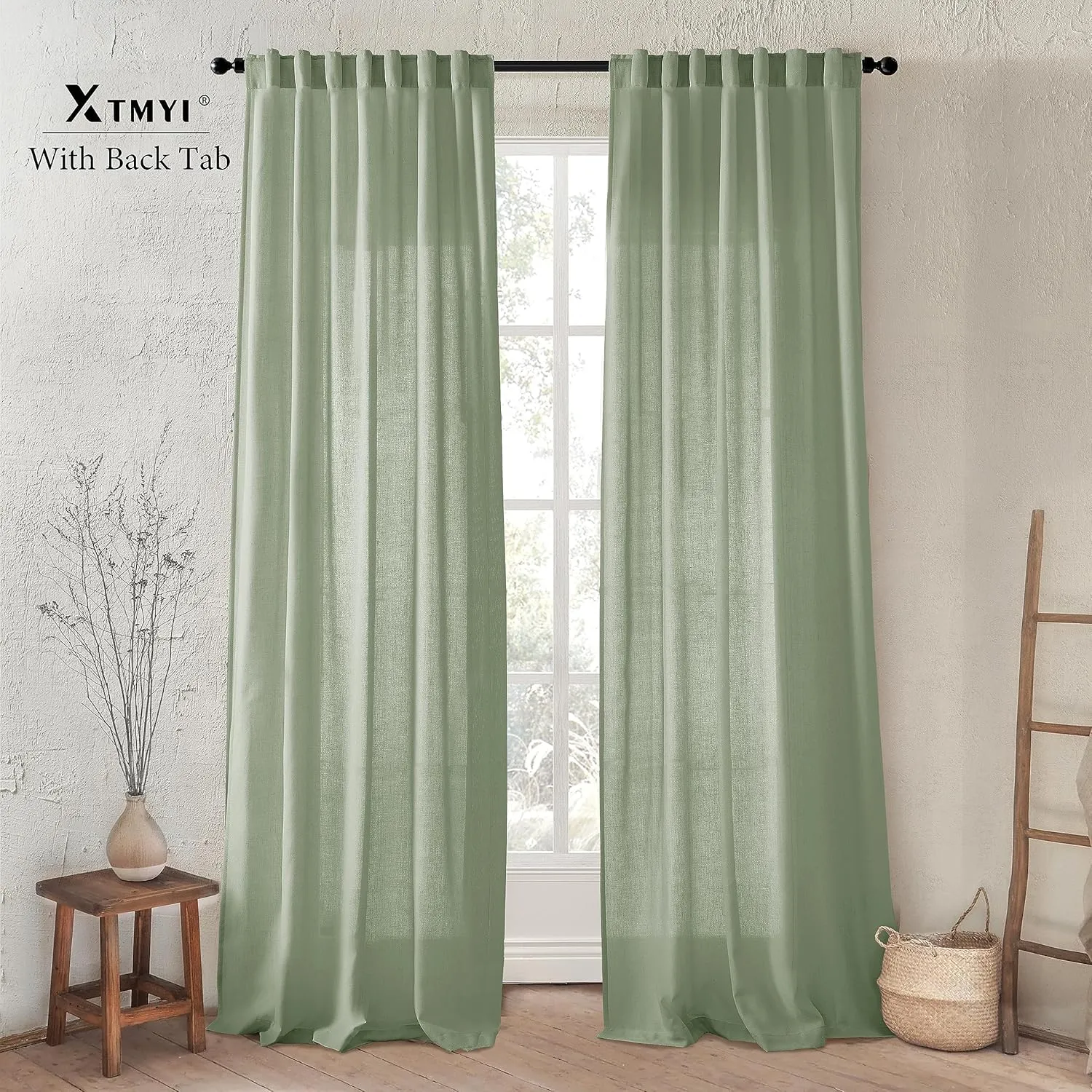 XTMYI Sage Green 90 Inches Long,50 Inches Wide Country Curtains for Living Room,Sheer Linen Curtains for Bedroom