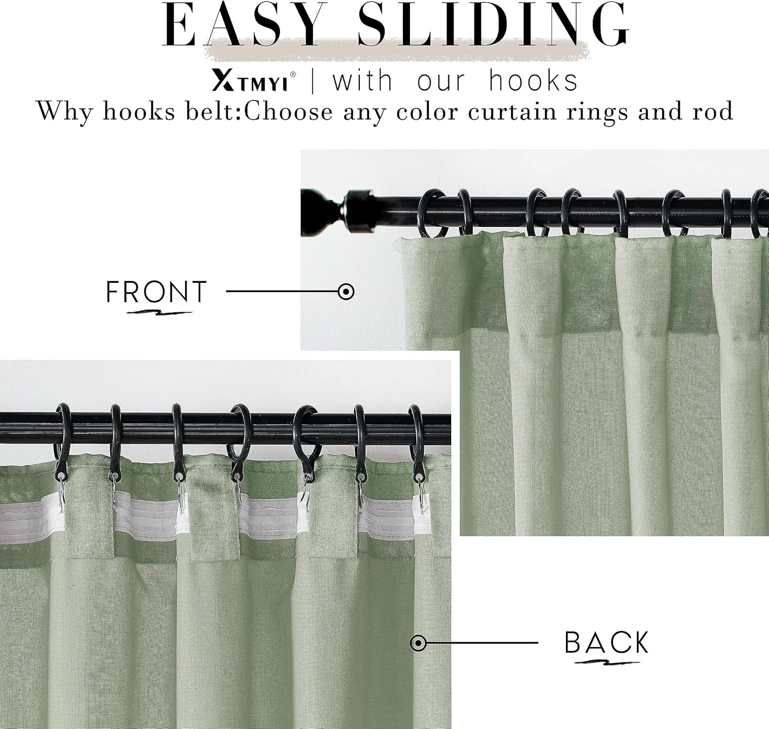 XTMYI Sage Green 90 Inches Long,50 Inches Wide Country Curtains for Living Room,Sheer Linen Curtains for Bedroom