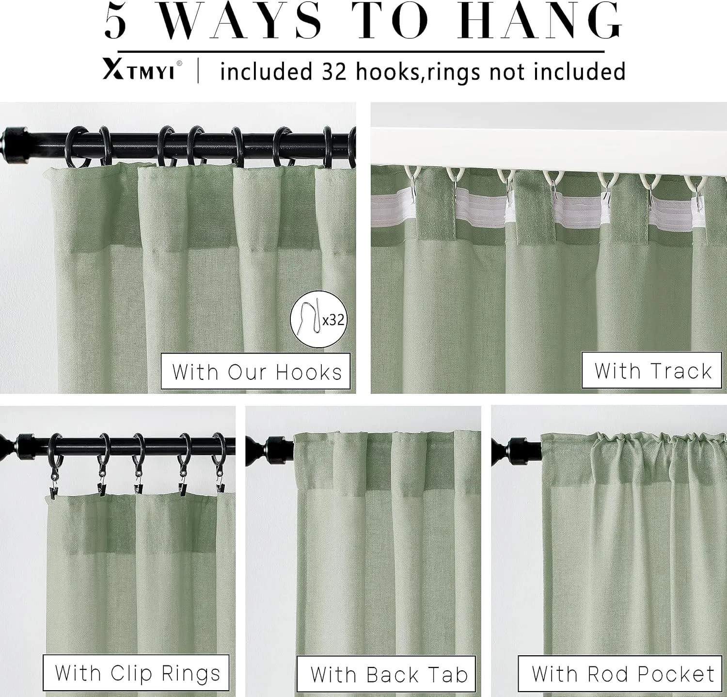 XTMYI Sage Green 90 Inches Long,50 Inches Wide Country Curtains for Living Room,Sheer Linen Curtains for Bedroom