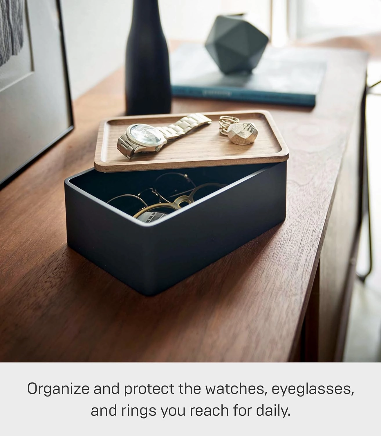 Yamazaki Home Rin Accessory Box With Wooden Lid For Jewelry, Watches, Or Sunglasses - Polystone