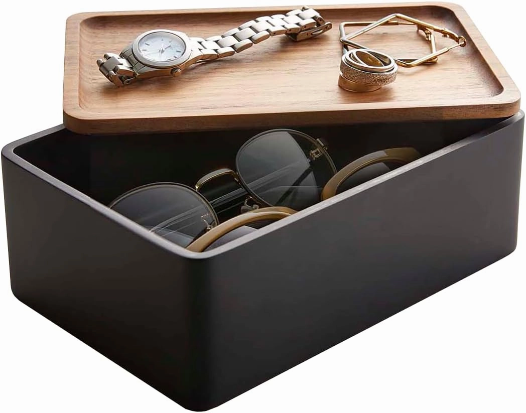 Yamazaki Home Rin Accessory Box With Wooden Lid For Jewelry, Watches, Or Sunglasses - Polystone