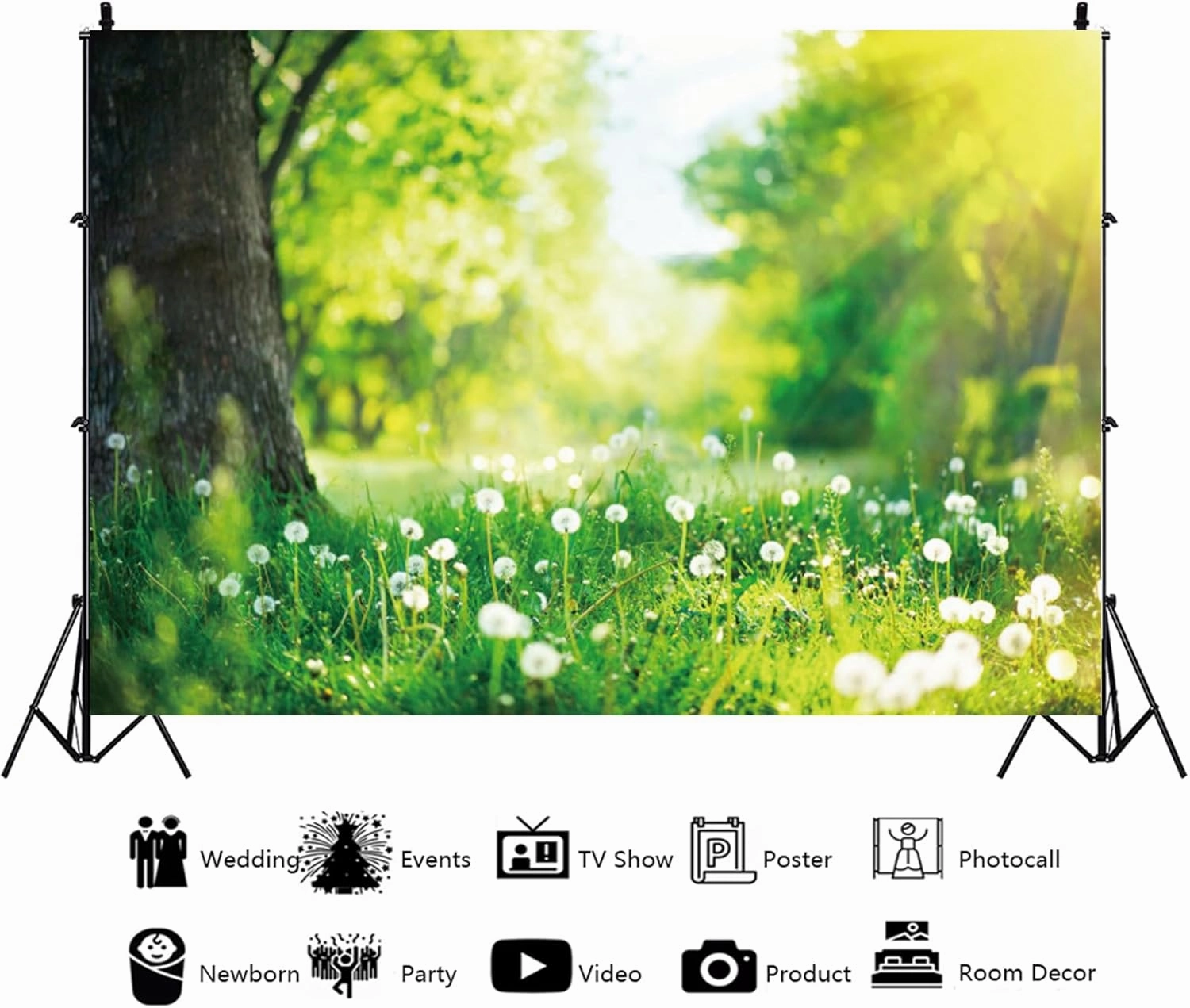YongFoto 7x5ft Spring Green Grassland Backdrop for Photography Dandelion Grass Tree Bright Sunshine Nature Scenery Easter Day Outdoor Camping Picnic Holiday Kids Adults Portrait Photo Studio Prop
